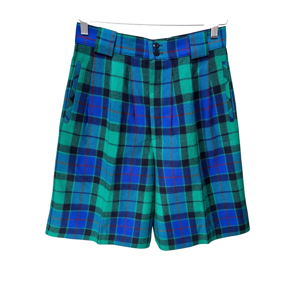 Giorgio Sant'Angelo Shorts Women 8 Green Plaid Pure Wool Pleated‎ 80s VTg Preppy
